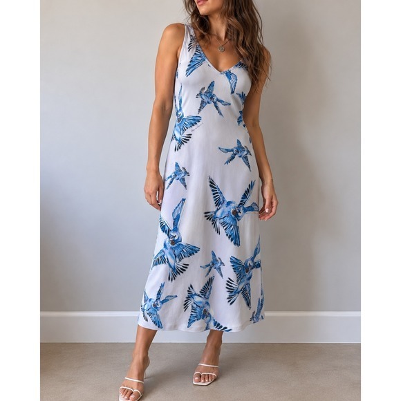 Ala Von Auersperg Dresses & Skirts - Ala von Auersperg Blue Bird Print Midi Dress Small Coastal Resort Wearable Art